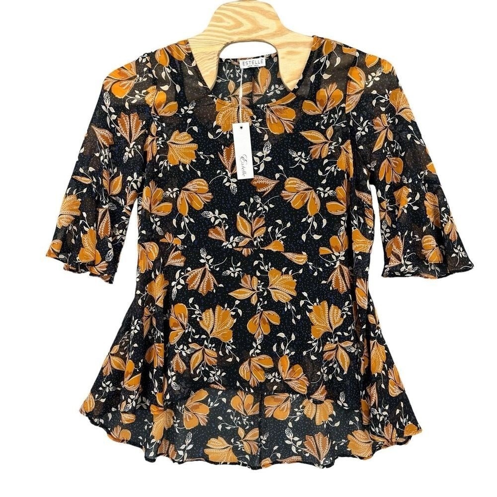 Estelle 1X Rust Orange, Blue, Black Floral Sheer Blouse w/Black Cami NWT‎